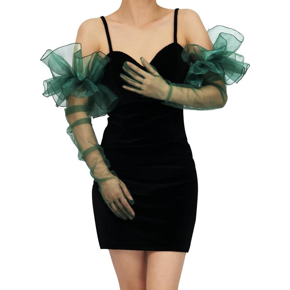 Women's Ruffle Green Tulle Puff Mesh Sheer Long Sleeve Gloves Cocktail Prom